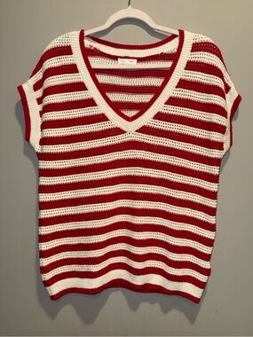 Blu Pepper Red & White Striped V-Neck Crochet Sweater
